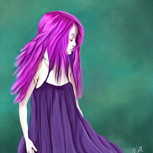 Image similar to little girl with eccentric pink hair wearing a dress mada of purple feather, art by dcwj