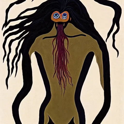 Prompt: A beautiful body art of a human-like creature with long, stringy hair. The figure has no eyes, only a mouth with long, sharp teeth. The creature is standing on a cliff overlooking a dark, foreboding sea. by Jacob Lawrence, by Angus McKie serene