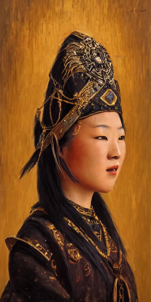 Prompt: Highly detailed and cinematic Art-Deco period oil painting of an Mongolian princess face portrait, an oil painting ((masterpiece)) by ((Josep Tapiró Baró)), RPG portrait, dynamic lighting, 8K