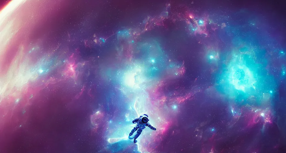 Prompt: an astronaut flying through a space nebula, intricate artwork by tooth wu and wlop and beeple, octane render, hyper realism, 8 k