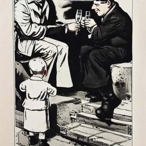 Prompt: communist man drinking champagne, hungry child next to him, soviet propaganda style