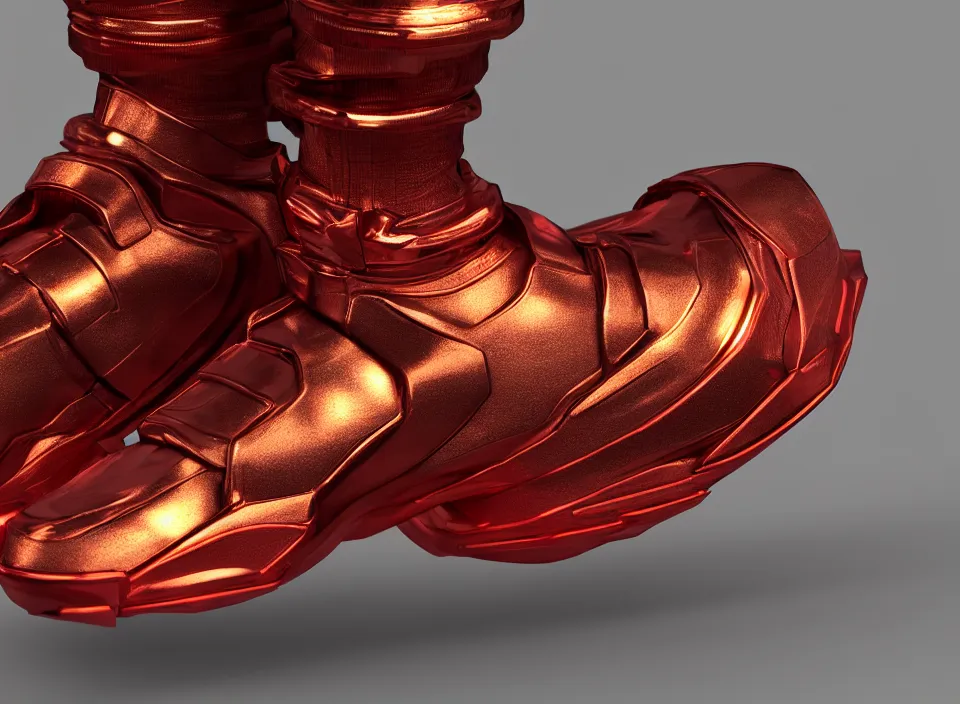 Image similar to realistic 3 d render of a cyberpunk android sneaker, beautiful studio lighting, soft, sharp focus, neon cyberpunk highlights, intricate detail, gold and red metal, soft rubber, textured plastic, octane render, side view, close up, trending on artstation, deviantart