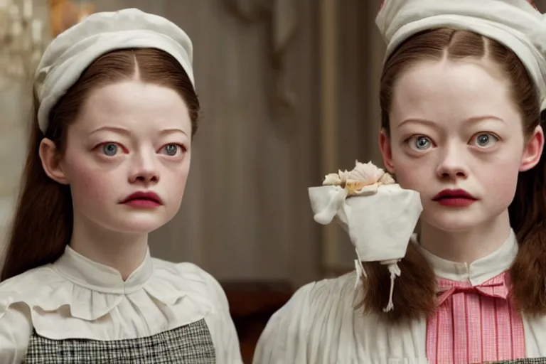 Prompt: mid-shot of Mackenzie Foy as the maid in the new movie directed by Wes Anderson, symmetrical shot, idiosyncratic, relentlessly detailed, limited colour palette, detailed face, movie still frame, promotional image, Wes Anderson, imax 70 mm footage