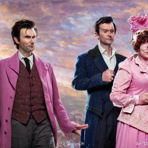 Image similar to david tennant and imelda staunton as dolores umbridge in pink clothes with the tenth doctor who, highly detailed, artstation, concept art, fantasy, smooth, sharp focus, illustration, perfect face, art by nikolay makovsky, jacek malczewski, arthur hughes, edward okun, franz xaver winterhalter