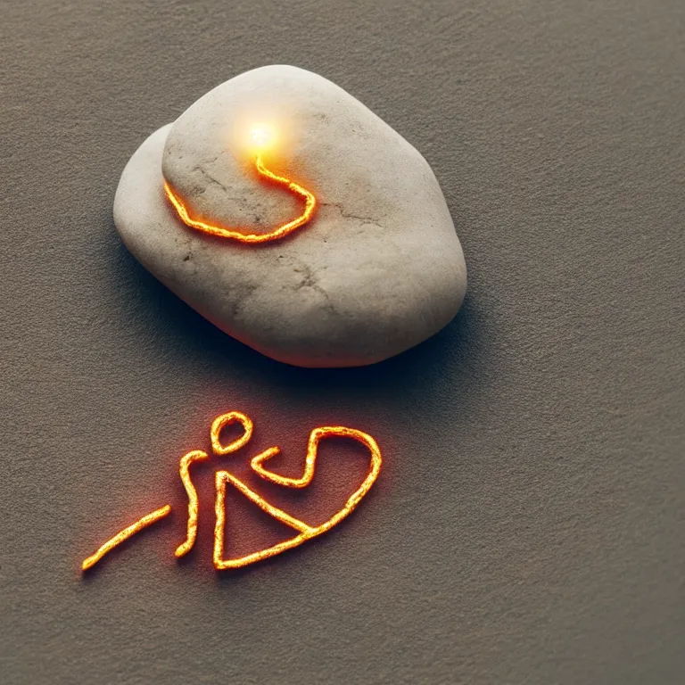 Image similar to photo of a large pebble with a glowing rune drawn on it. pebble is completely wrapped with copper wire. extremely high details, octane rendering, cgsociety