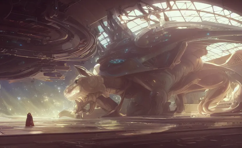 Image similar to an alien space cat doing repairs on her spaceship in a spaceport in a sci - fantasy ghibli animated film, volumetric lighting, octane render by stanley artgerm lau, greg rutkowski, studio ghibli, alphonse mucha, loish, norman rockwel, highly detailed, warm lighting, lens flare