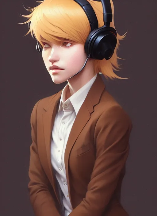 Image similar to ultradetailed beautiful panting of a stylish young lady wearing a brown foxgirl suit with headphones, dramatic, he has blond hair, distressed, volumetric light, by greg rutkowski, ilya kuvshinov, james jean, makoto shinkai, on artstation