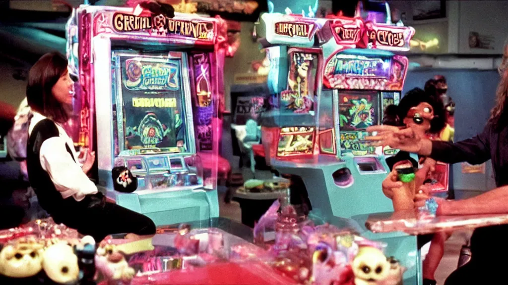 Image similar to Hyperreal Gremlins disguised as casino arcade machines dispense experimental ice cream vaccine derived from predator, xenomorph and furby goosebumps goo in downtown silicon valley, film still from banned media Gremlins 3 New World Order, directed by REDACTED circa 1992 | text reads \'Gremlins 3 New World Order\' | Gremlins