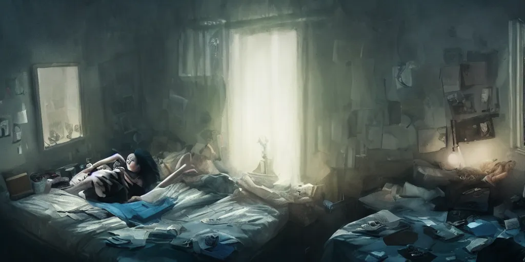 Image similar to an environmental concept art of an angsty female teen, laying on the bed in her cluttered bedroom, highly detailed, cinematic, dramatic lighting, close shot by francis tneh