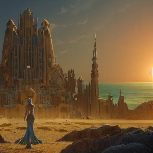 Image similar to establishing shot of atlantis, buildings made of shells with arabic patterns, modern mermaid standing on top of the hill against the morning sun, cinematic composition, mucha, artstation