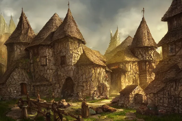 Image similar to A small medieval village, fantasy, D&D, concept art, sharp focus, trending on artstation, digital painting, midday, sunny, beautiful, texture, wizards of the coast, tabletop, roleplay