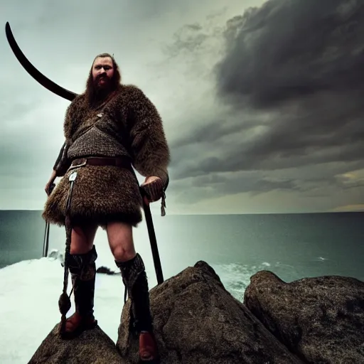 Prompt: a viking wearing a heavy metal and also make the face look good the viking is standing on a cliff the background is a huge sea interact with the lighting photo - realistic 4 k