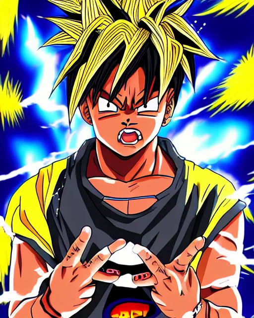 Prompt: juice wrld rockstar rapper in the style of a black african dragon ball z digital painting anime art