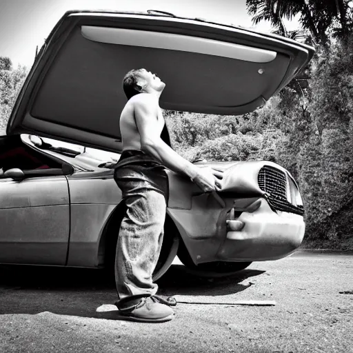 Prompt: a man lifting a car over his head, award winning photography, high resolution photo.