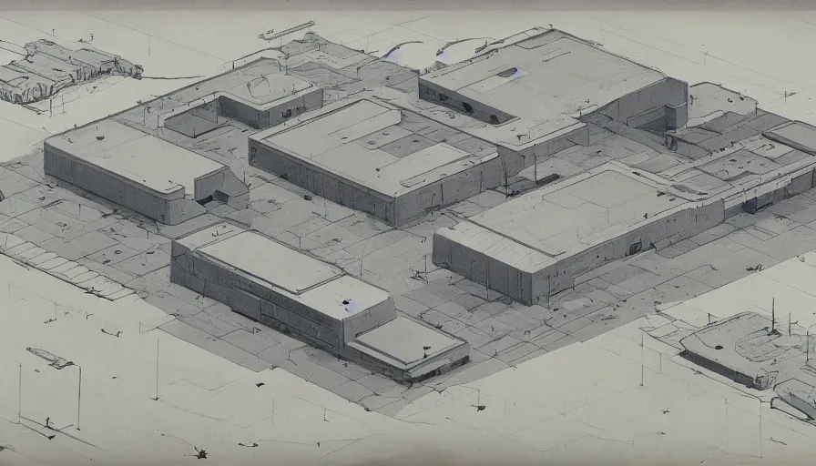 Prompt: big brutalist military base, drawing architecture, very long shot, top angle