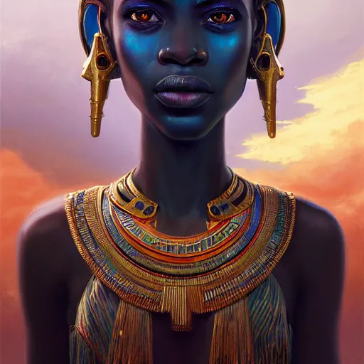 Image similar to highly detailed portrait of an african egyptian goddess, intricate alien technology, stephen bliss, unreal engine, fantasy art by greg rutkowski, loish, rhads, ferdinand knab, makoto shinkai and lois van baarle, ilya kuvshinov, rossdraws, tom bagshaw, global illumination, radiant light, detailed and intricate environment