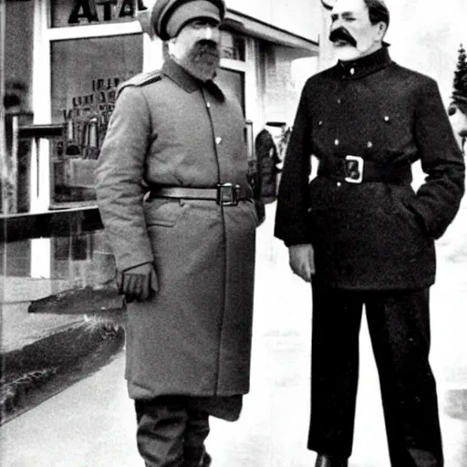 Image similar to stalin standing outside mcdonalds, dressed as santa clause, historical photo