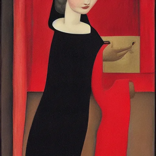 Image similar to a middle aged woman in a red dress, by christian schad