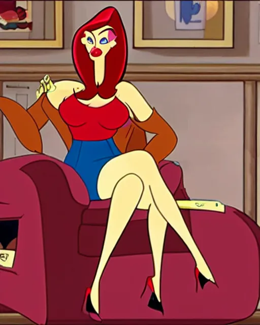 Prompt: Jessica Rabbit eating a bag of Doritos, sitting on a chair, Who Framed Roger Rabbit 2D animation still