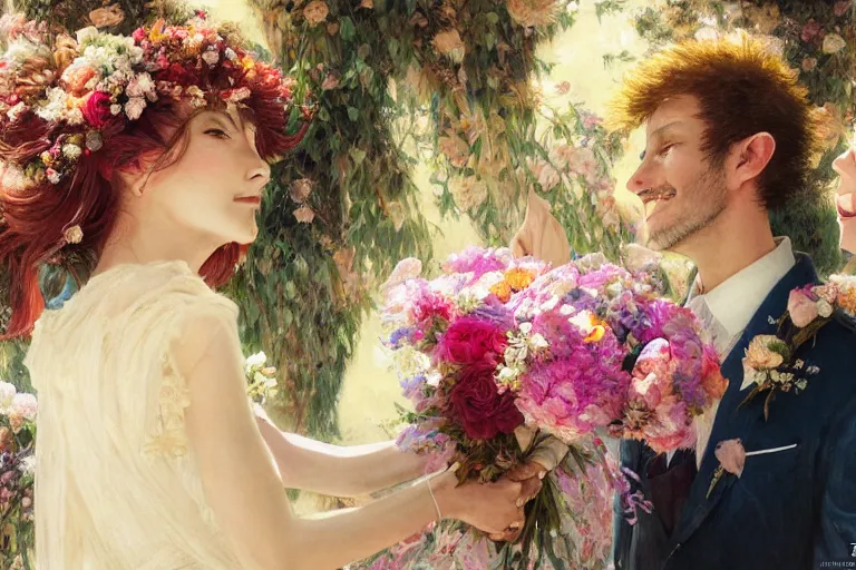 Image similar to the groom look at the bride at a wedding full of flowers, bright and happy, dreamlike art, highly detail, 4 k realistic, wedding photoy krenz cushart, artem demura, yoji shinkawa artgerm, jon lothian, danilo torres. adi meyers. thomas reimann. gaston bussiere.