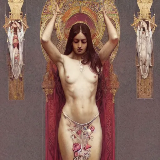 Image similar to a full body portrait of a beautiful ethereal delicate roman catholic bishopress meditative sacral pose catholic stages of the cross, intricate, elegant, highly detailed, digital painting, artstation, concept art, smooth, sharp focus, illustration, art by krenz cushart and artem demura and alphonse mucha