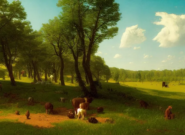 Prompt: tilt shift green pasture, clay creatures playing a game, Albert Bierstadt, Jim Burns, Edwin Church, Frederic Thomas Cole, Brown Durand, Asher David Friedrich, Caspar James Gurney, Johnson Heade, Martin Raphael Lacoste, Ted Nasmith, Andreas Rocha, Christophe Vacher !n 9