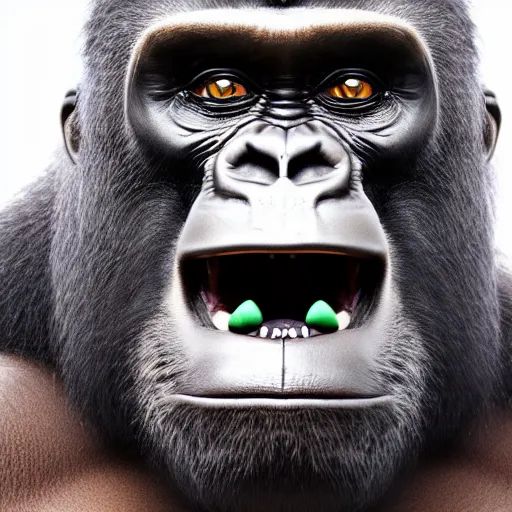 Image similar to amazing portrait of smile gorilla, 1 0 0 mm, natural lighting, hyper realistic