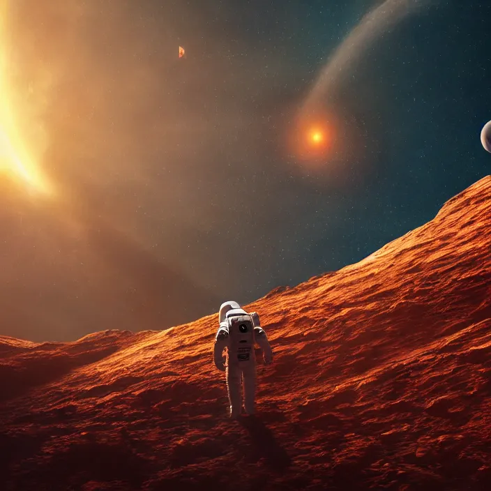 Image similar to a astronaut walking on a alien planet with a red giant galaxy appearing in the sky, digital art, concept art, trending on DeviantArt, highly detailed, high quality, 8K HDR, cinematic lighting, breathtaking image