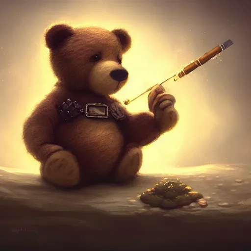 Image similar to cute little anthropomorphic Teddy Bear smoking weed, cover art, ultra wide lens shot , tiny, small, short, cute and adorable, pretty, beautiful, DnD character art portrait, matte fantasy painting, DeviantArt Artstation, by Jason Felix by Steve Argyle by Tyler Jacobson by Peter Mohrbacher, cinematic lighting