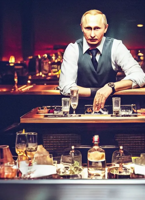 Image similar to a professional photo of person looking like vladimir putin sitting on bar, hand on table, wear watches looking like rolex watches, taken in night club, blur background