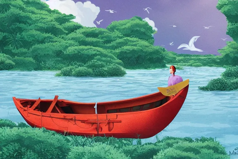 Image similar to lonely boat floating on a river in the jungle, ferns, birds. digital drawing, ultra detailed, cool color palette, wes anderson, amelie poulain, tim burton, tomm moore, guido crepax
