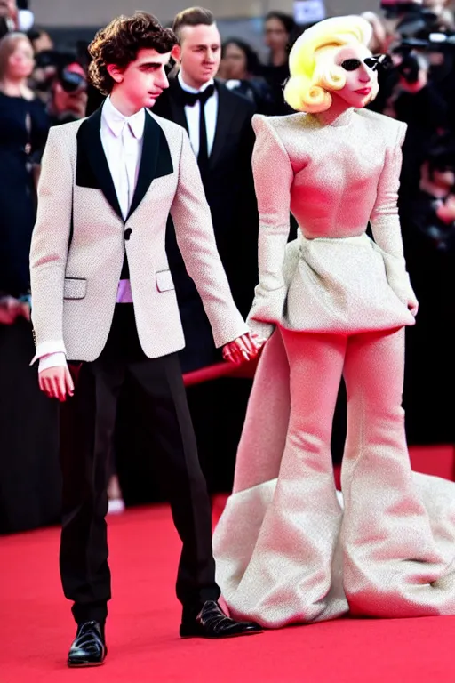 Image similar to timothee chalamet and lady gaga holding hands on the red carpet, beautiful detailed faces