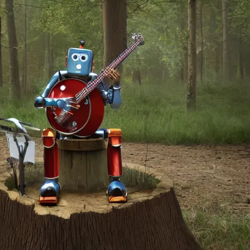 Prompt: banjo - playing robot, playing a deering banjo, sitting on a stump, high detail, hyper realistic, octane render, unreal engine