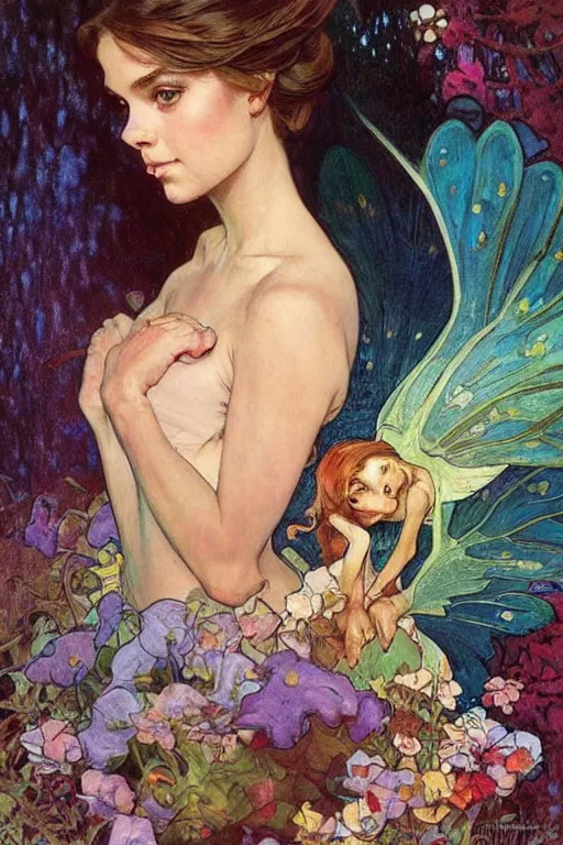 Image similar to :🧚🏽‍♀️🍄🐉:3, by Margaret Keane, greg rutkowski, thomas kindkade, alphonse mucha, loish, norman Rockwell,