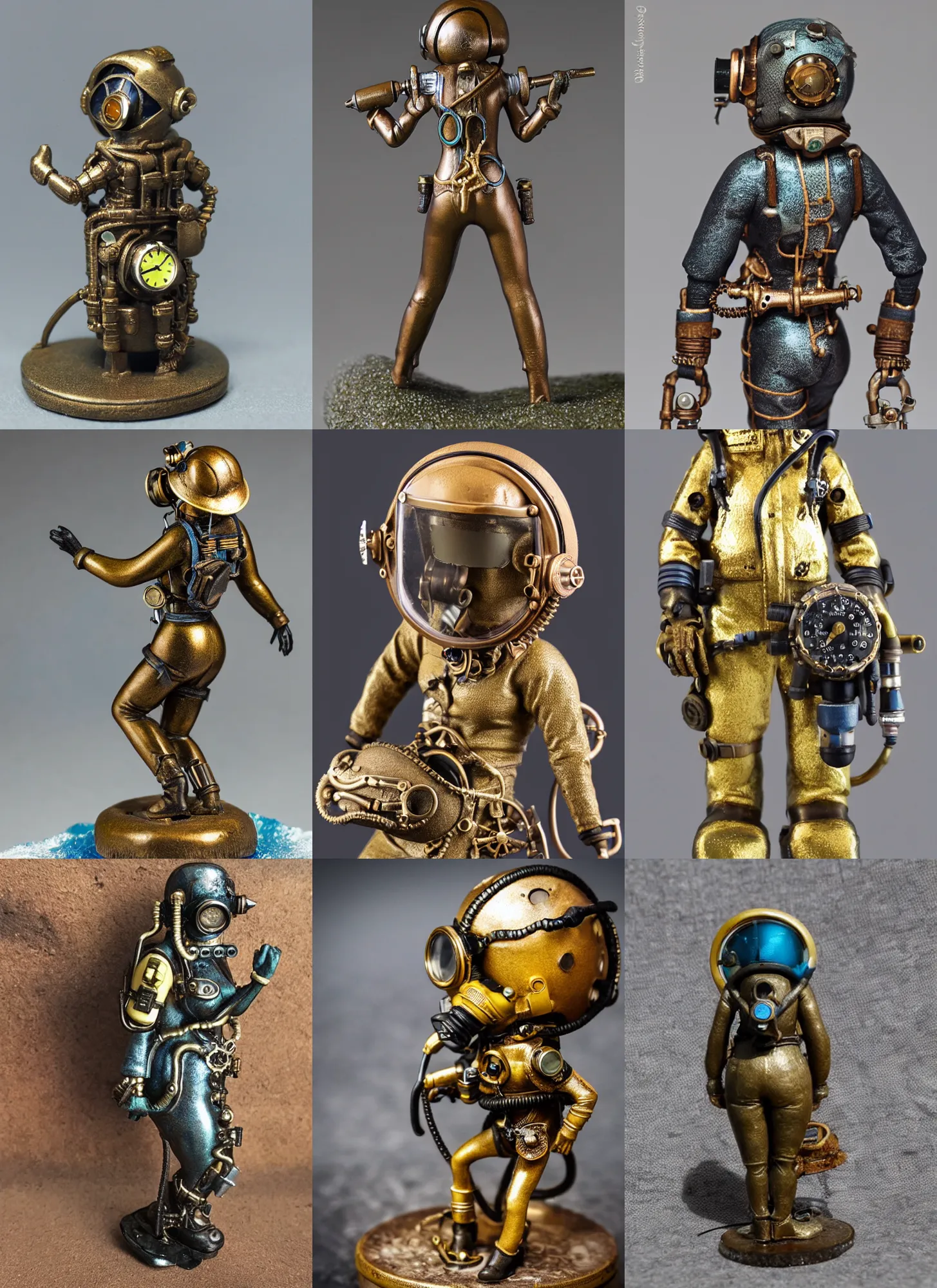 Prompt: 80mm resin detailed miniature of a Diver woman, steampunk diving helmet, stomach, navel, belly, boots, symbol, textured base; Miniature Product Photos, 4K, view from behind