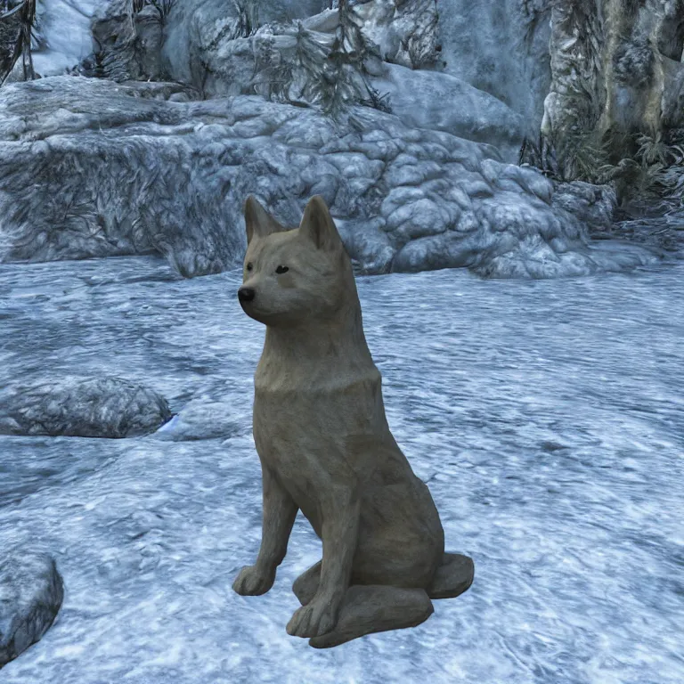 Image similar to an ancient and weathered stone shiba inu statue beside a frozen stream, skyrim pc screenshot