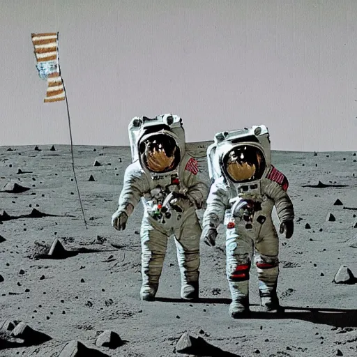 Image similar to Astronauts walking about on the moon with the earth in the background. In the style of Howard Finster painting.