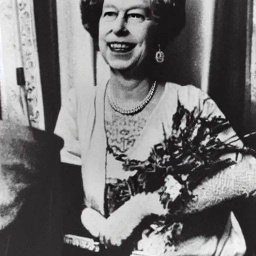 Prompt: Queen Elizabeth as Bob Marly smoking weed