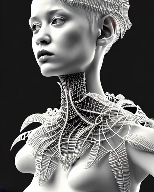 Image similar to bw 3 d render, stunning beautiful young angelic cute biomechanical albino female cyborg with a porcelain profile face, rim light, big leaves and stems, roots, fine foliage lace, alexander mcqueen, art nouveau fashion embroidered collar, steampunk, silver filigree details, hexagonal mesh wire, mandelbrot fractal, elegant, artstation trending