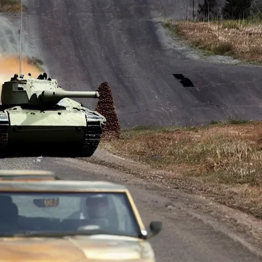 Prompt: Vladimir Putin driving a tank into hole on the highway with a sign that reads “wrong way”, 4k