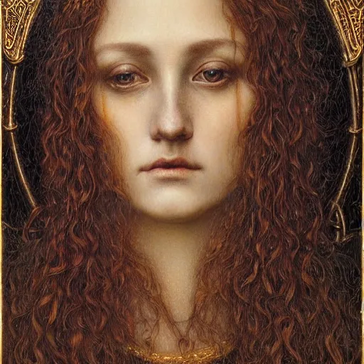 Image similar to detailed realistic beautiful young medieval queen face portrait by jean delville, brooke shaden, gustave dore and marco mazzoni, art nouveau, symbolist, visionary, gothic, pre - raphaelite, ornate gilded medieval icon