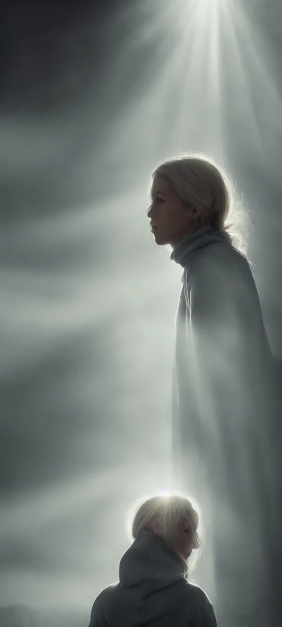 Image similar to very very beautiful photograph of emily skinner looking like annie leonhart in a hoodie standing next to a window god rays shining on her from the sunlight, volumetric fog, smoke, depth of field, beautiful composition, very very very beautifull face, on artstation and instagram, ray tracing