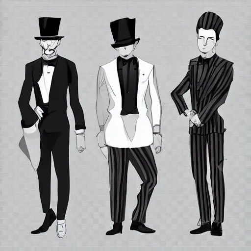 Image similar to a set of magician's men's clothing design, black and white tones, 2 d game art