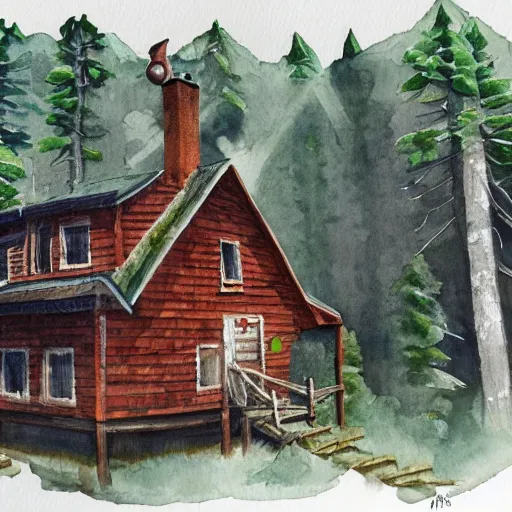 Image similar to water color on paper, cabin in the woods, highly detailed, artstation, masterpiece, award - winning,