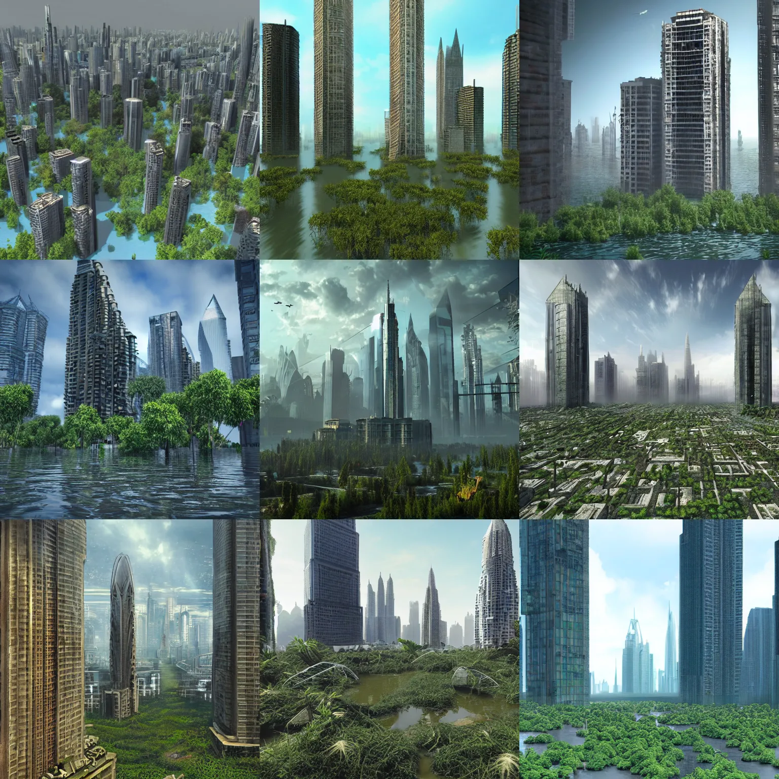 Prompt: ruination flooded city in the year 3030, skyscrapers, vegetation growing back, life after death, photorealistic, 8k, F5.6, highly detailed, skycrapers, alone