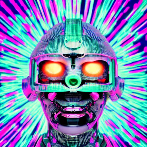 Image similar to product photo of a tshirt with a hyperdetailed portrait of a futuristic trippy smiling robot head, 8 k, symetrical, flourescent mulicolored, halluzinogenic