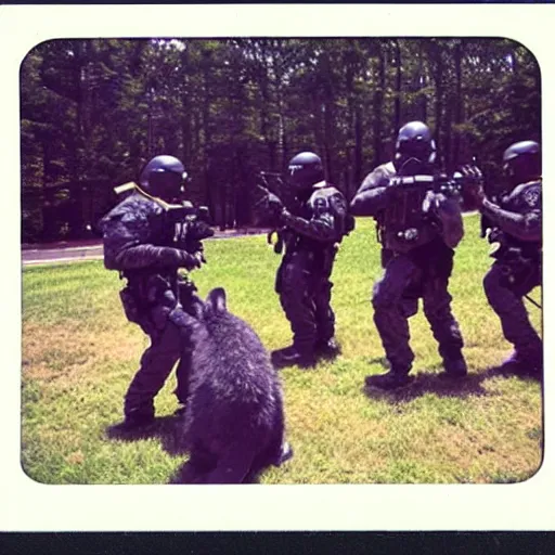 Image similar to Polaroid photo of a SWAT team of furry fandom fursuiters with tails engaging in a training exercise at the FBI Academy in Quantico, Virginia.