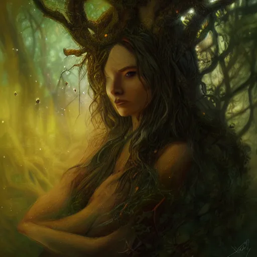 Image similar to cinematic painting, portrait of a dryad, inspired by brian froud, inspired by dungeons and dragons, fey, mysterious, in an evening autumn forest, trending on art station, cinematic sunset evening lighting, ominous shadows by jessica rossier