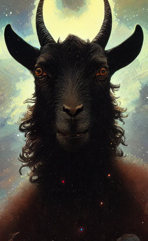 Image similar to a detailed portrait of a black goat in space, concept art, deep focus, intricate, highly detailed, digital painting, artstation, matte, sharp focus, illustration, art by greg rutkowski and alphonse mucha