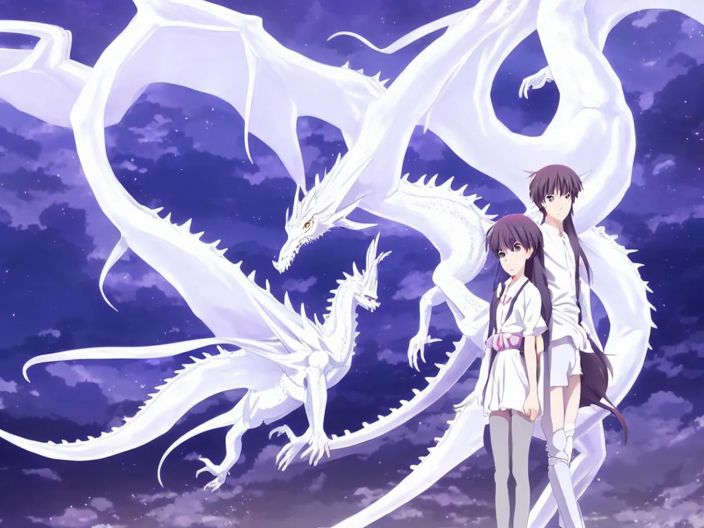 Prompt: anime art full body portrait character concept art, be surrounded by a huge silver white dragon center, in white clouds fairyland, anime key visual of white dragon and girl, finely detailed perfect face delicate, raphael lacoste, trending on pixiv fanbox, james jean, violet evergarden, studio ghibli, xision, extremely high quality artwork